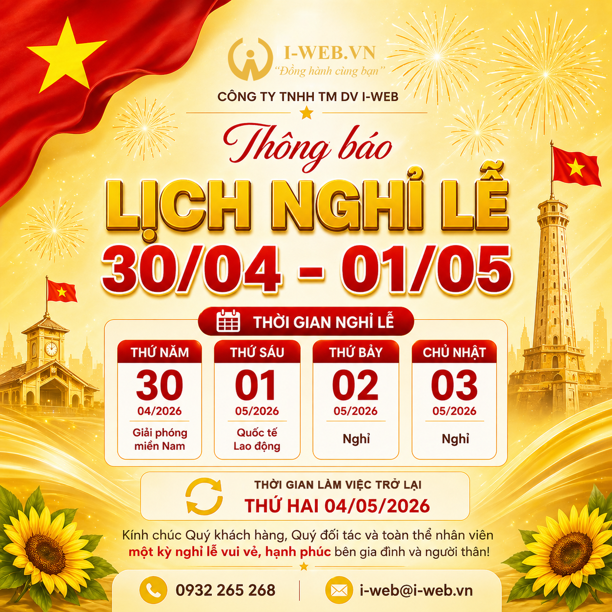 THÔNG BÁO LỊCH NGHỈ LỄ 30/4 – 1/5 NĂM 2026