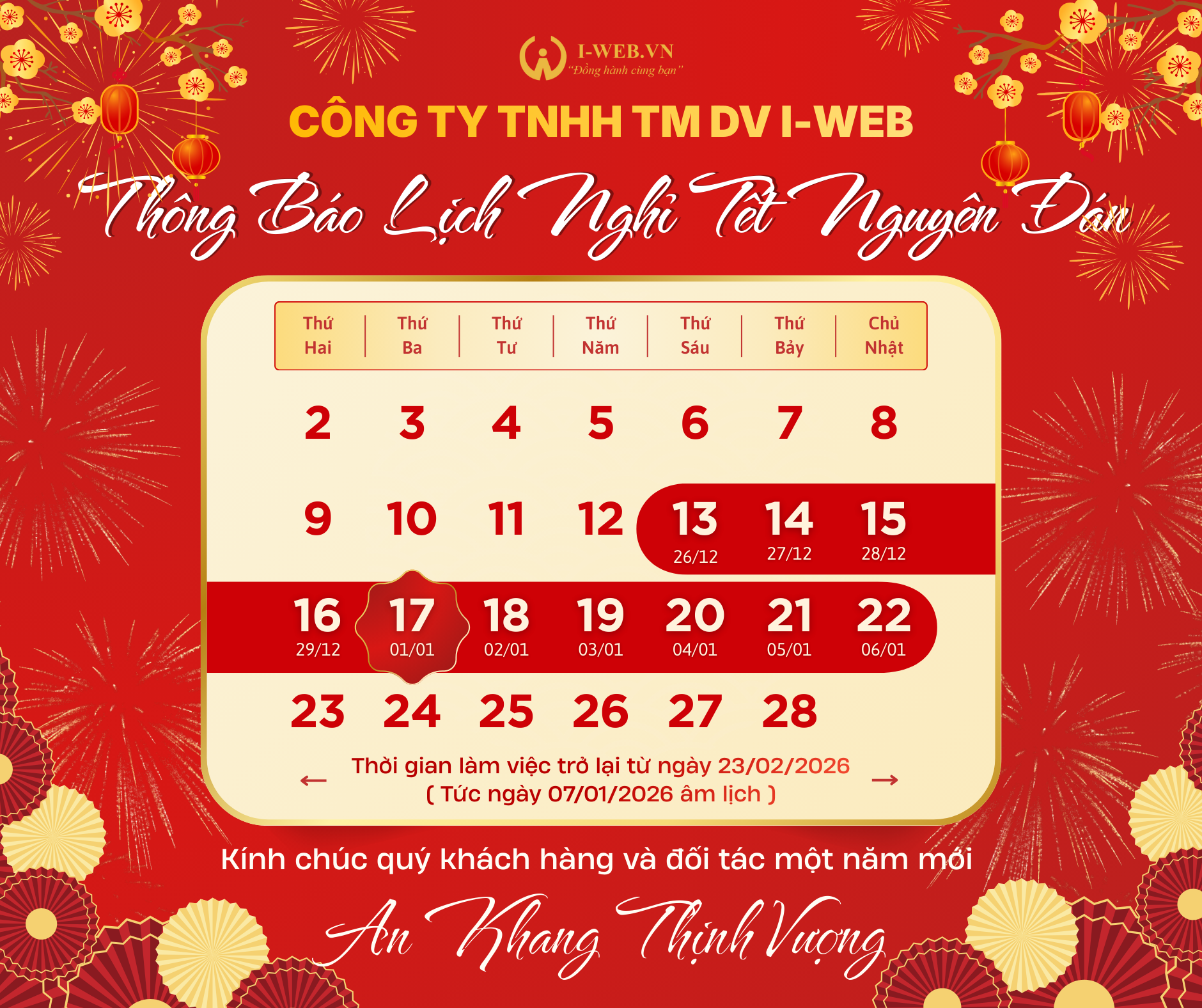 THÔNG BÁO LỊCH NGHỈ TẾT NGUYÊN ĐÁN 2026