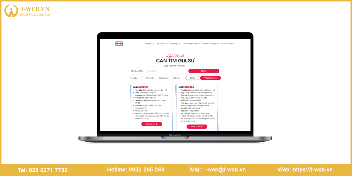 Bảng giá web gia sư